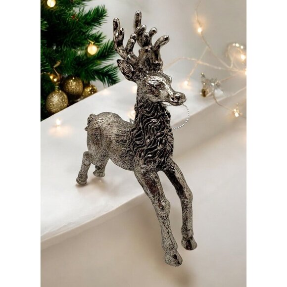 Vintage Silver Tone Prancing Reindeer Christmas Tree Ornament Standing Deer - Picture 1 of 8